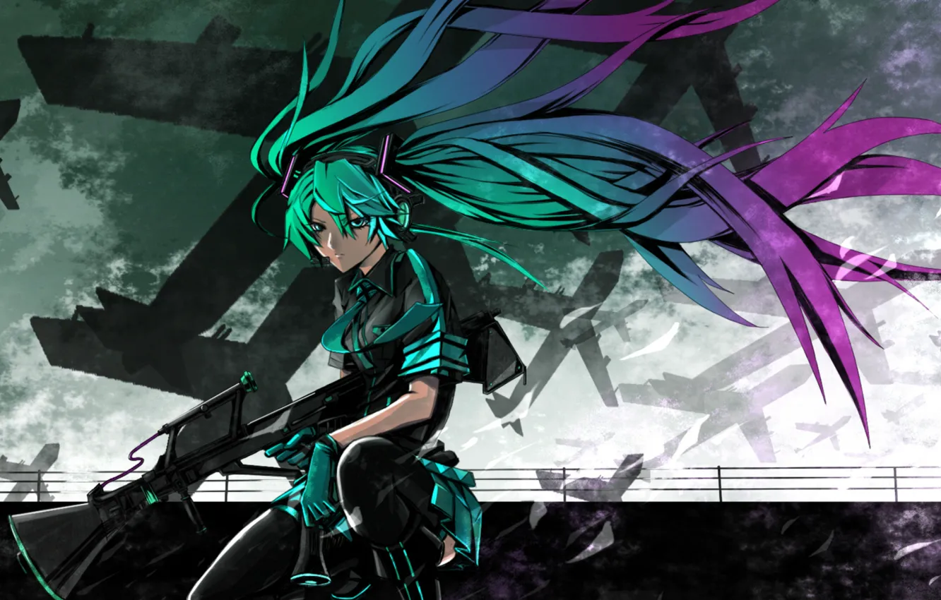 Photo wallpaper the sky, weapons, overcast, stockings, aircraft, tie, gloves, vocaloid