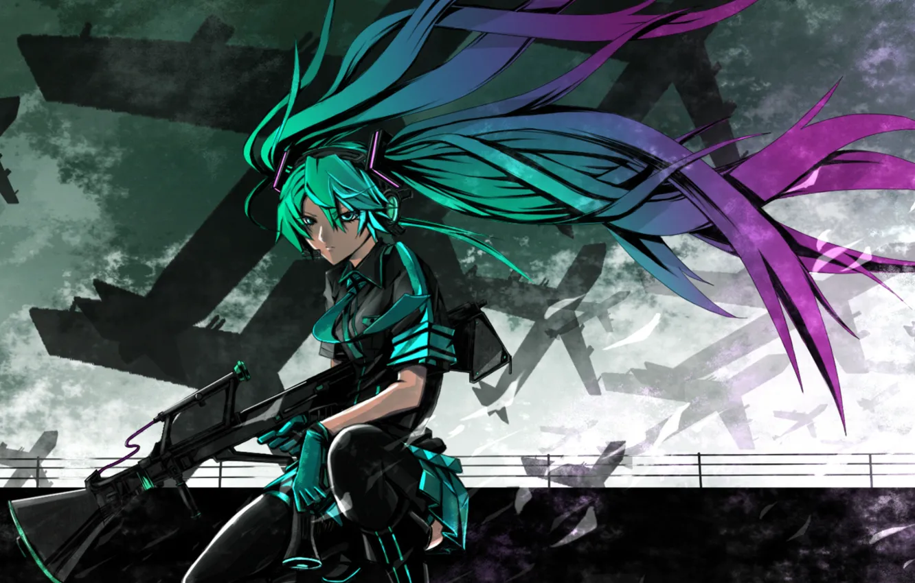 Photo wallpaper the sky, weapons, overcast, stockings, tie, gloves, the plane, vocaloid