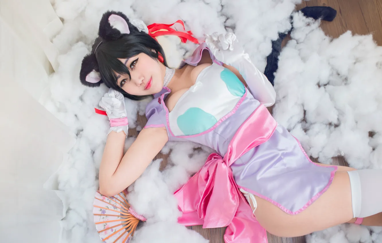 Photo wallpaper cat, chest, look, girl, face, sexy, pose, smile