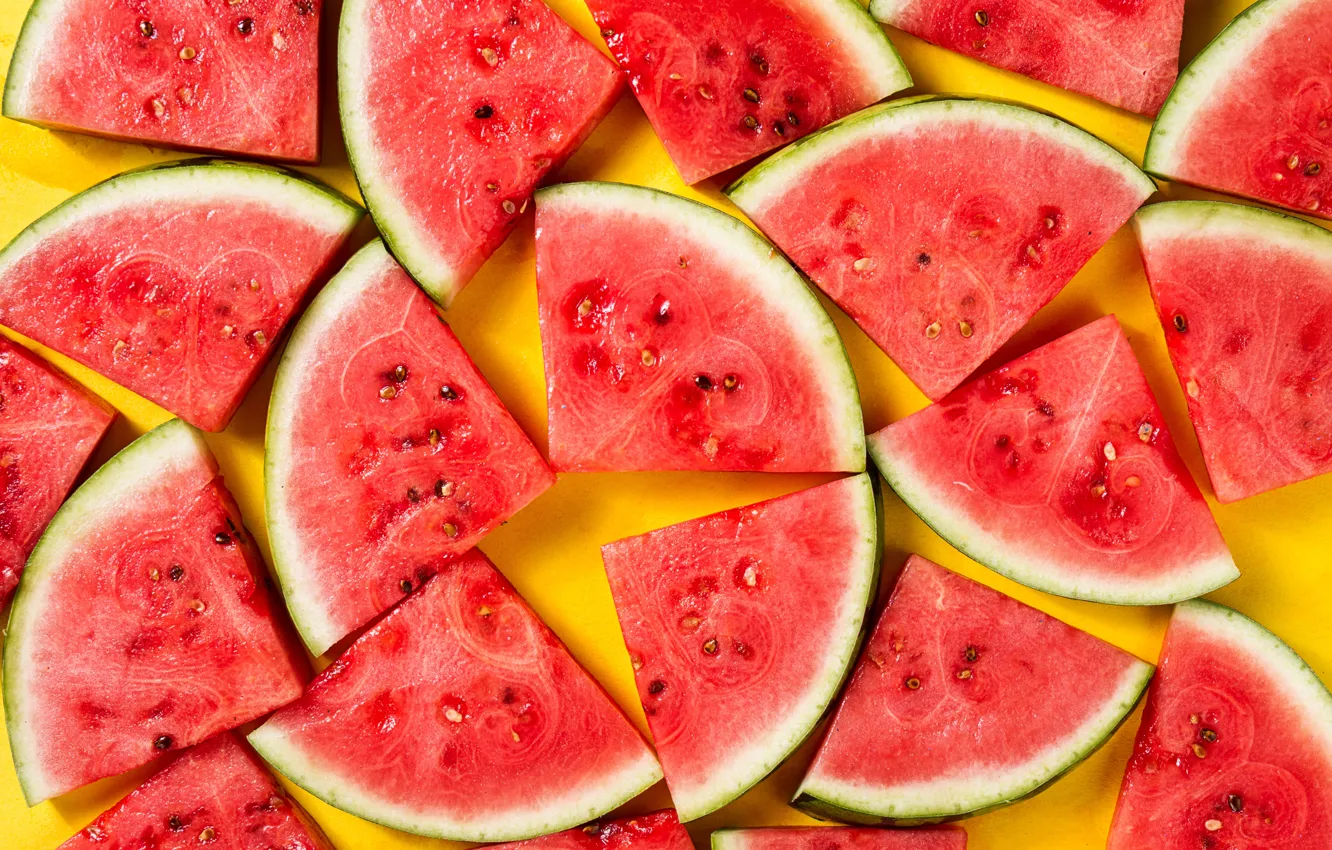 Photo wallpaper watermelon, yellow background, slices, yellow background, watermelon