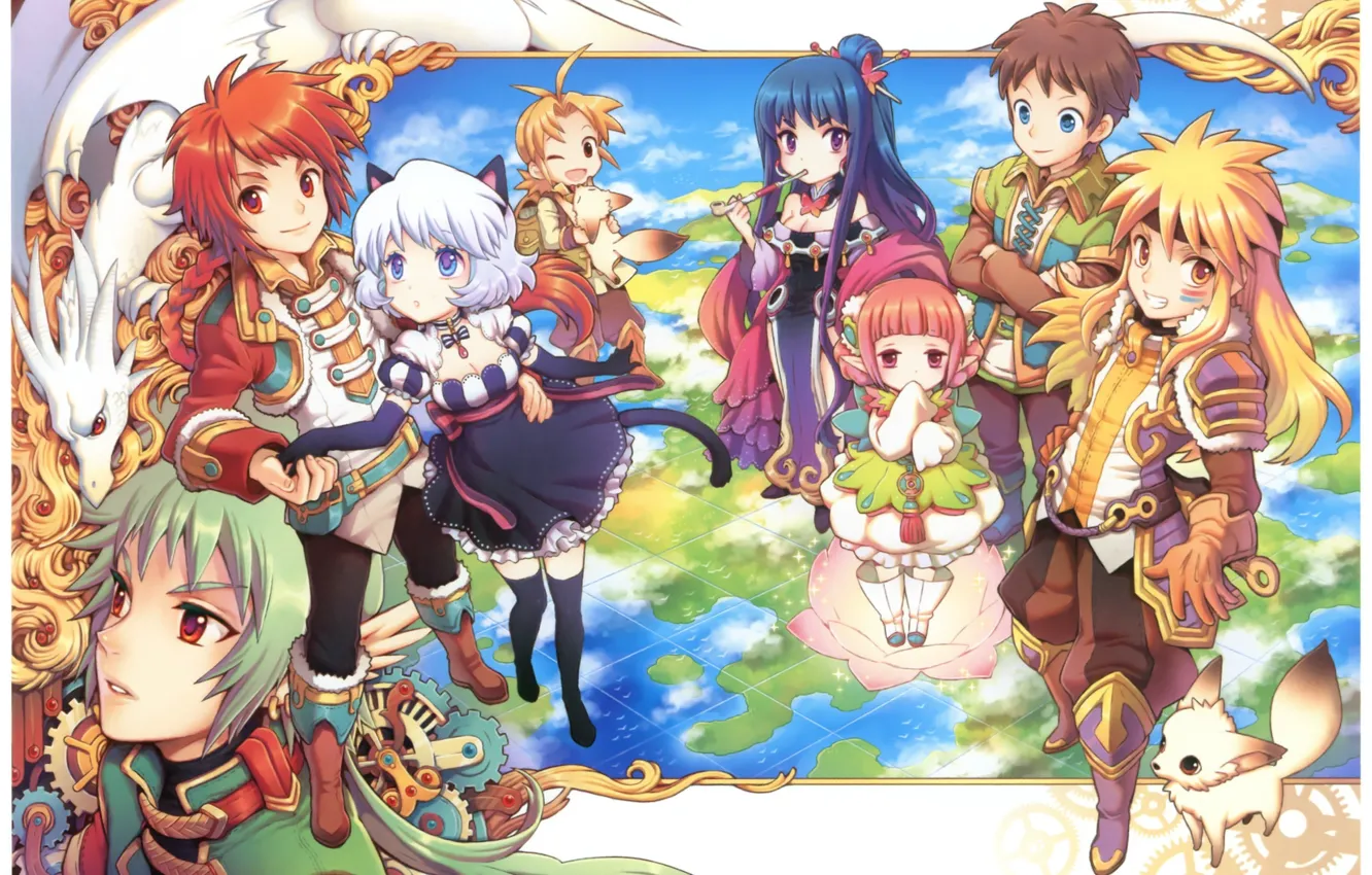Photo wallpaper children, tale, Lotus, gear, blue hair, map, the characters in the game, Fox