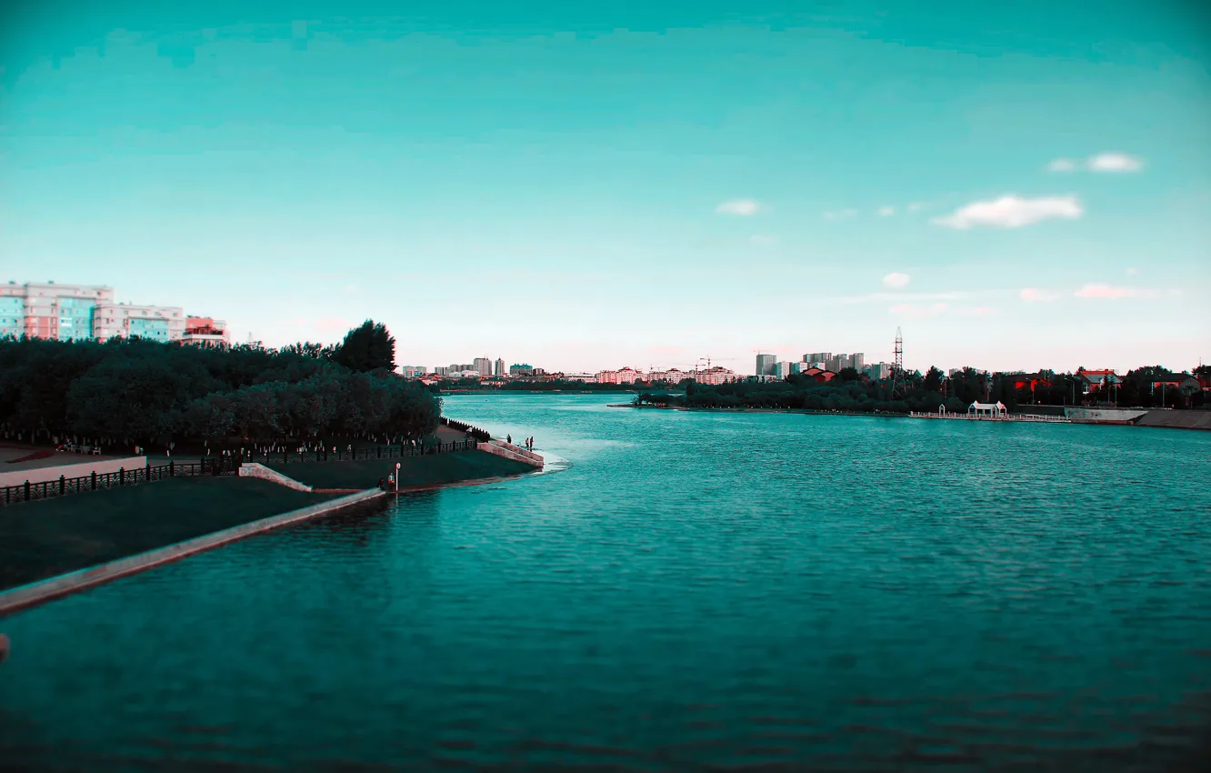 Photo wallpaper the sky, river, promenade, astana, Astana, green water, river in the city