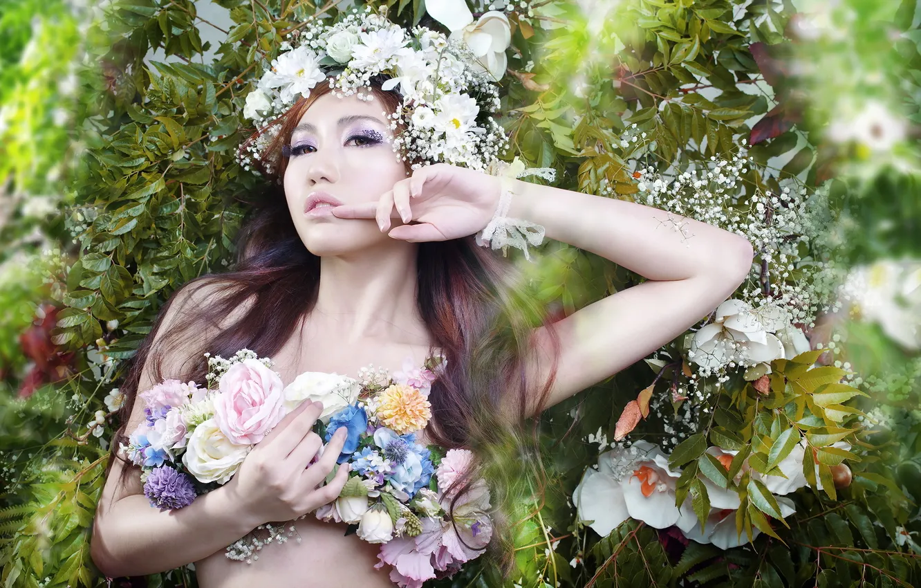 Photo wallpaper look, girl, flowers, Asian