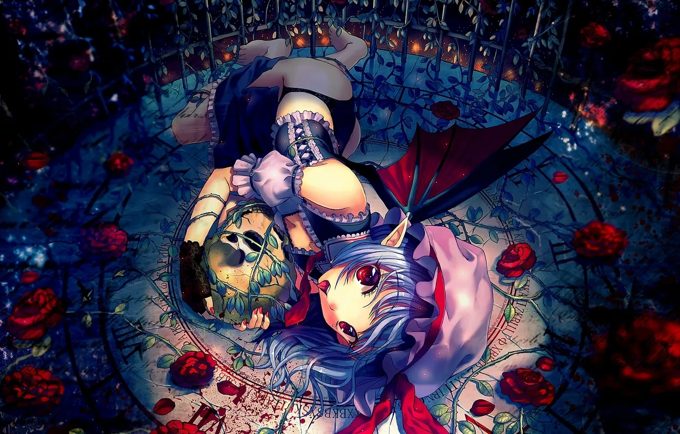 Photo wallpaper girl, flowers, skull, wings, lies, red eyes, touhou