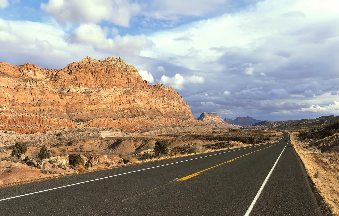 Wallpaper road, sand, the sky, clouds, mountains, shrubs, the distance ...