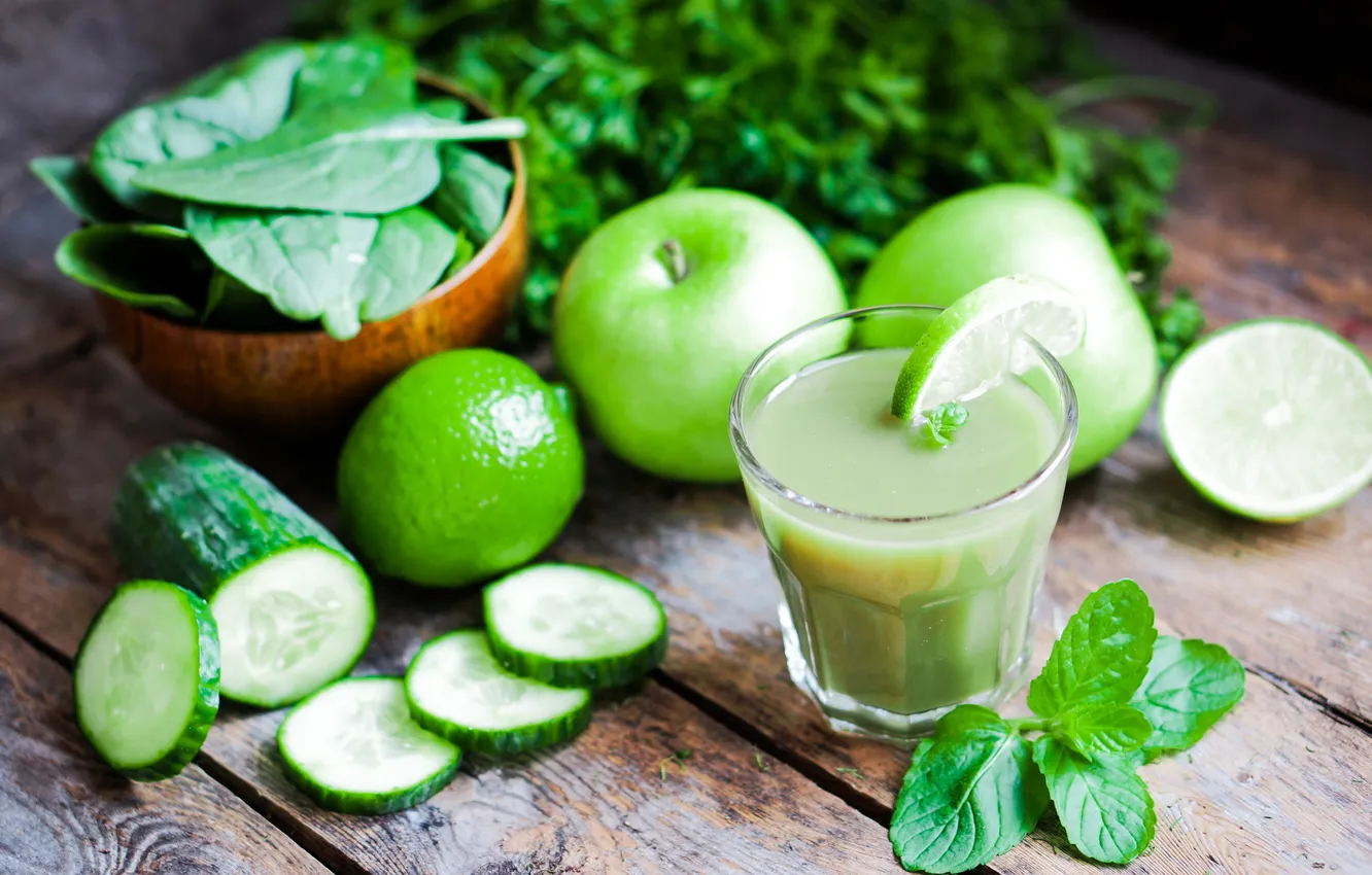 Photo wallpaper greens, apples, juice, lime, cucumbers