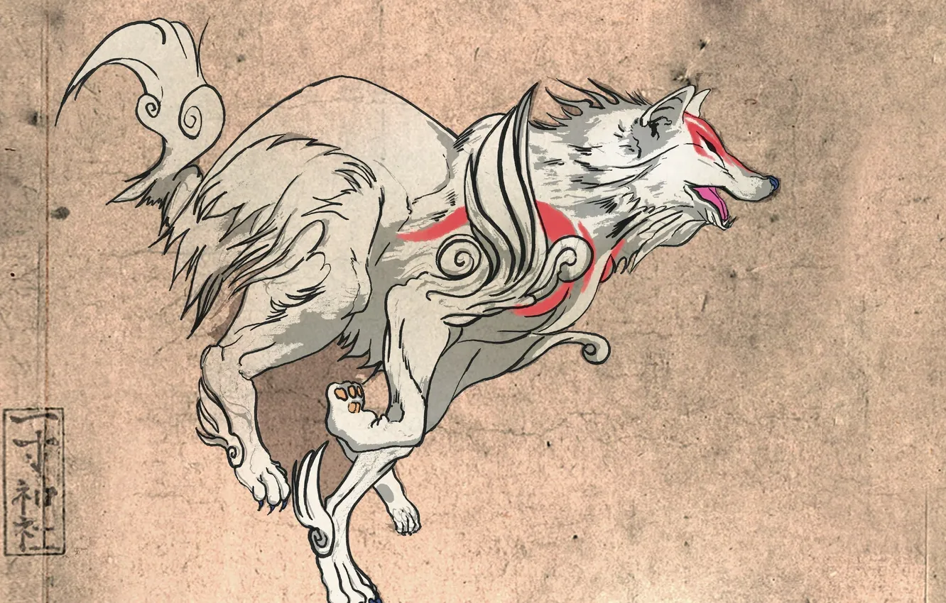 Photo wallpaper wolf, runs, Okami