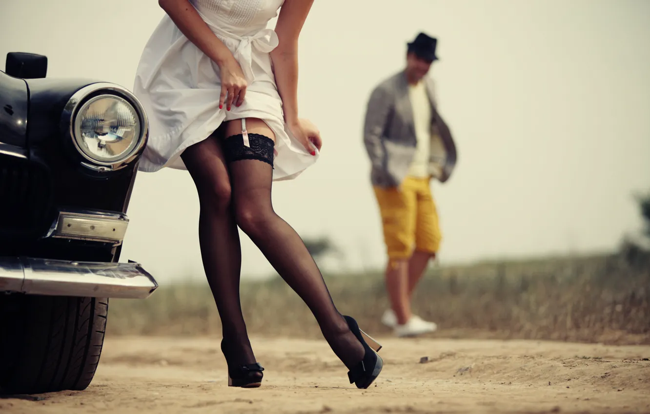 Photo wallpaper road, girl, the situation, blur, stockings, male, legs, car