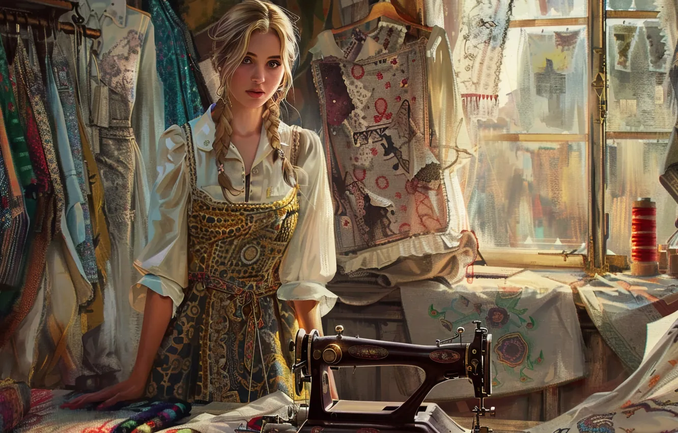 Photo wallpaper girl, seamstress, digital art, fashion designer, sewing machine, AI art, The Art of Artificial Intelligence, …