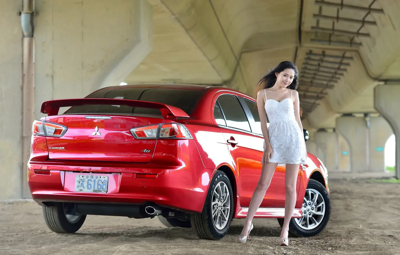 Photo wallpaper look, girl, Mitsubishi, Asian, beautiful girl, red car, posing on the car