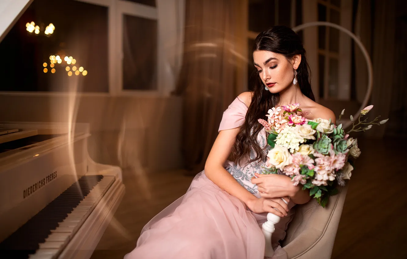 Photo wallpaper girl, flowers, pose, style, bouquet, hands, makeup, dress