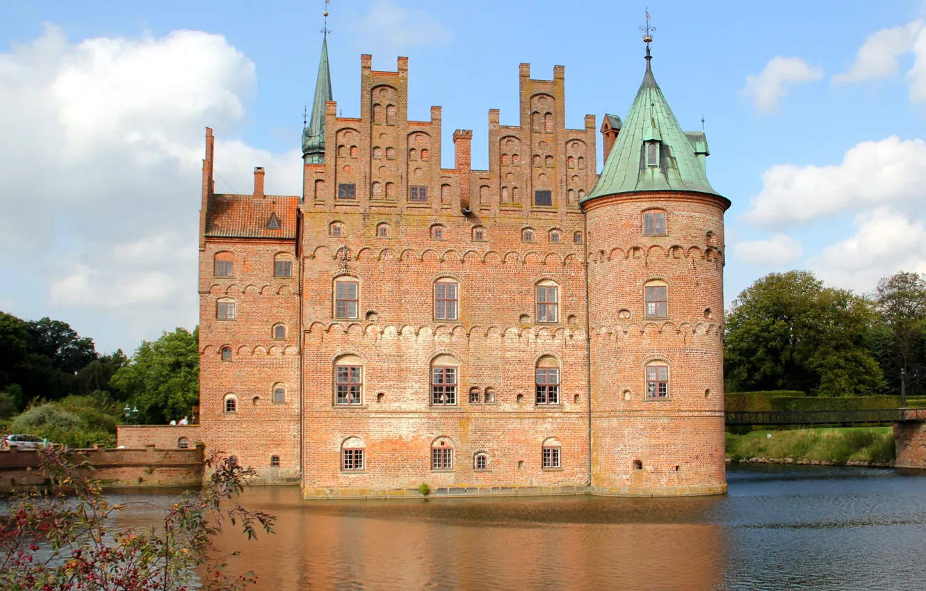 Photo wallpaper water, pond, castle, Denmark, tower, on the water, water, spires