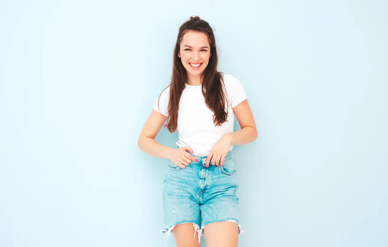 Photo wallpaper Denim, girl, shorts, model, sexy, pretty