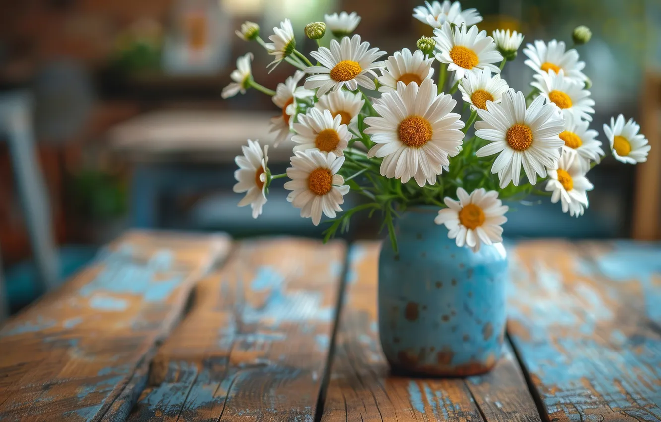 Photo wallpaper flowers, table, Board, chamomile, bouquet, Bank, white, the room