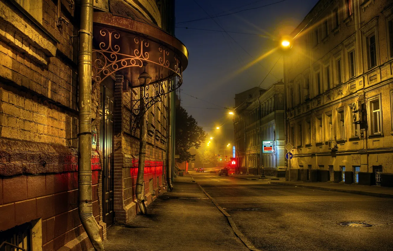 Photo wallpaper road, night, house, street, HDR, lights, Moscow, Russia