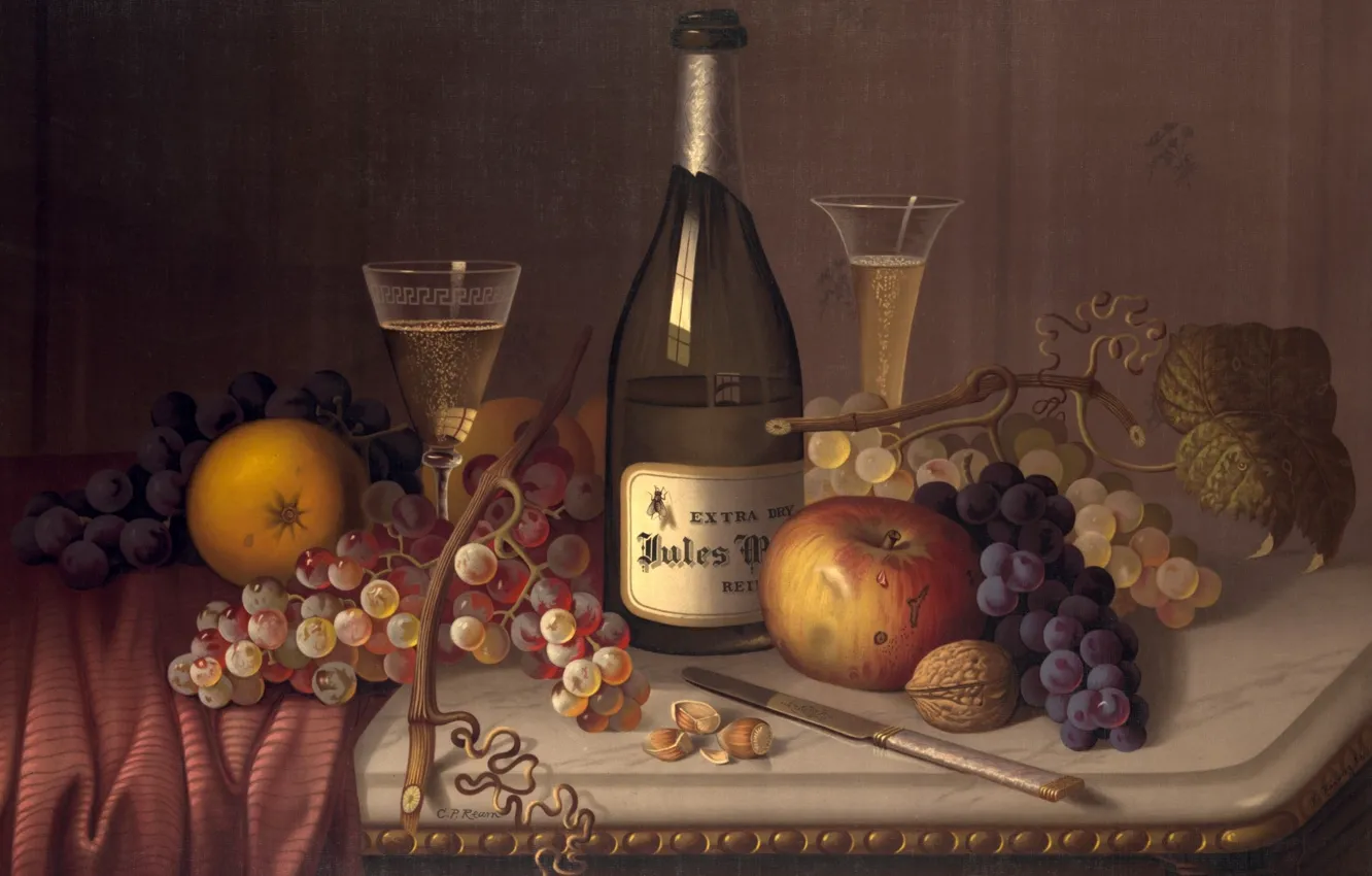Photo wallpaper rendering, wine, bottle, glasses, fruit, still life