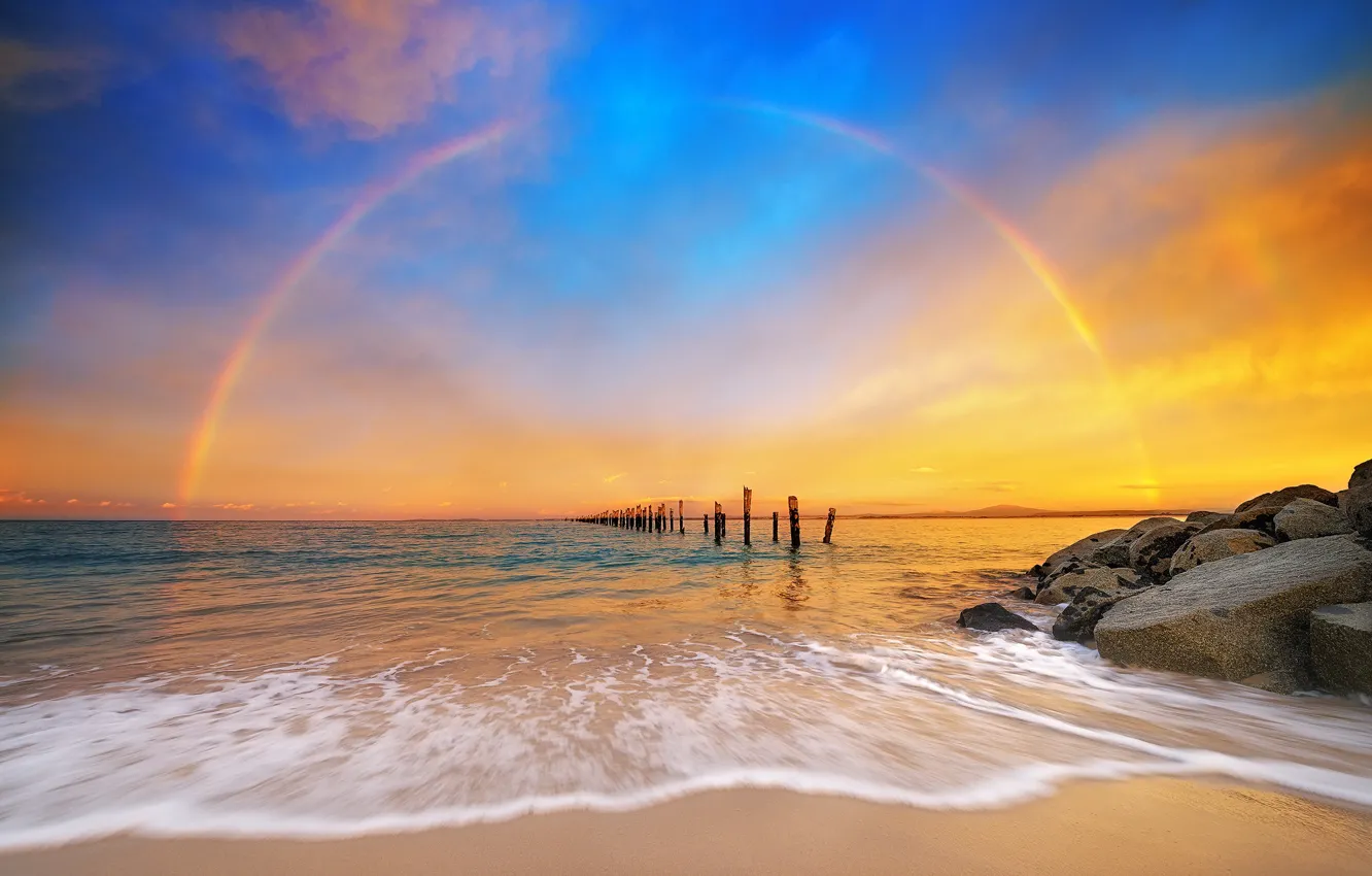 Photo wallpaper sea, the sky, stones, rainbow, Australia, Australia, Tasmania, Tasmania