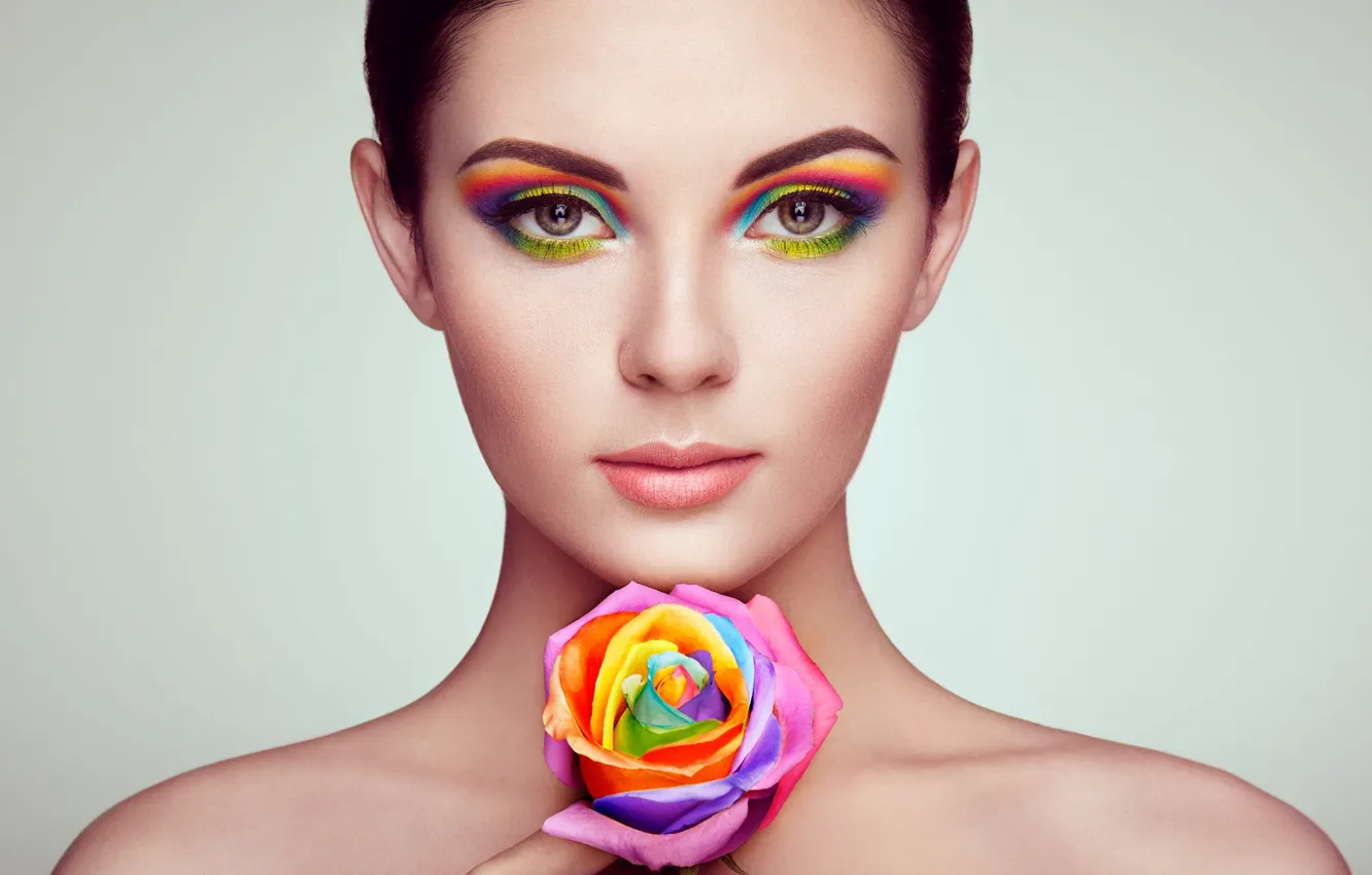 Photo wallpaper look, flowers, background, model, portrait, makeup, hairstyle, brown hair