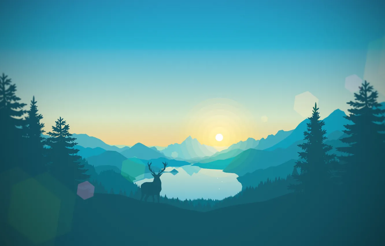 Photo wallpaper mountains, sunrise, deer