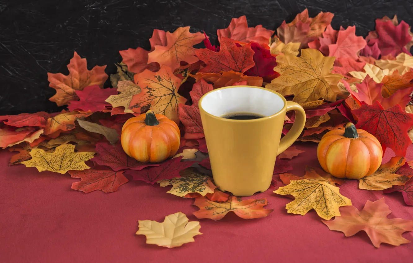 Photo wallpaper autumn, leaves, background, tree, coffee, colorful, harvest, mug