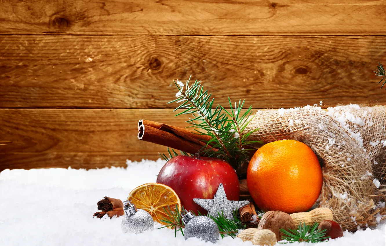 Photo wallpaper snow, orange, holiday, Apple, New Year, Christmas, balls