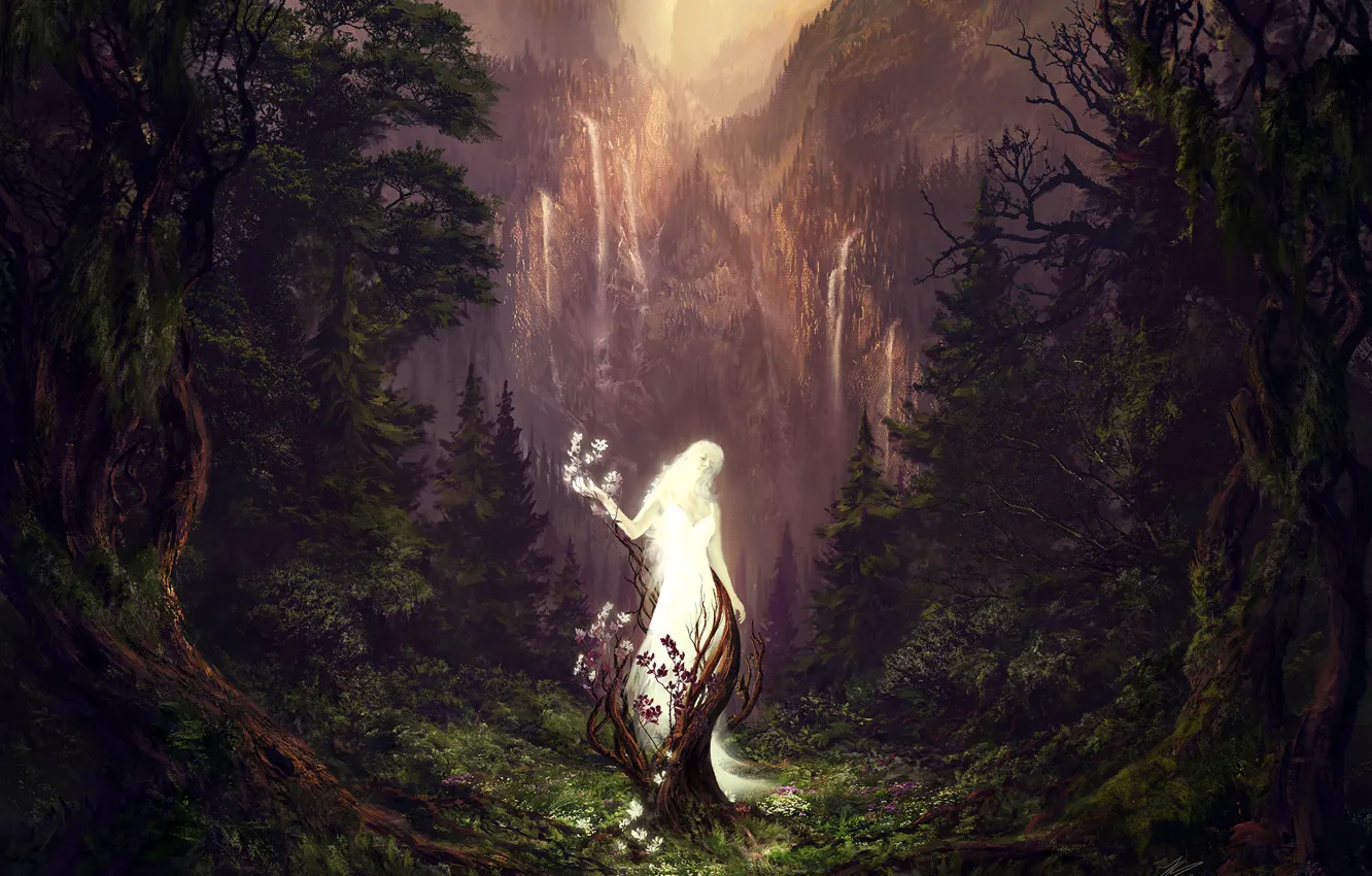 Photo wallpaper forest, mountains, waterfall, The Sleeping Green, Fell into the