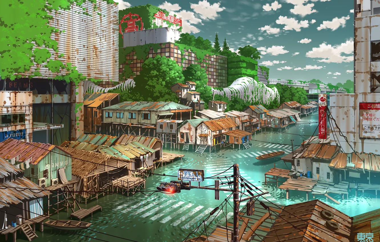 Photo wallpaper water, Japan, fantasy, Tokyo, ruins