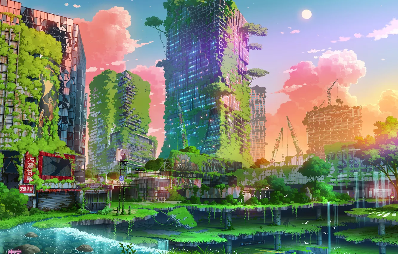 Photo wallpaper the sky, water, the sun, fiction, bird, Tokyo, abandoned, tower cranes