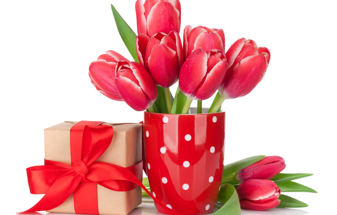 Photo wallpaper flowers, gift, bouquet, tulips, red, red, flowers, romantic