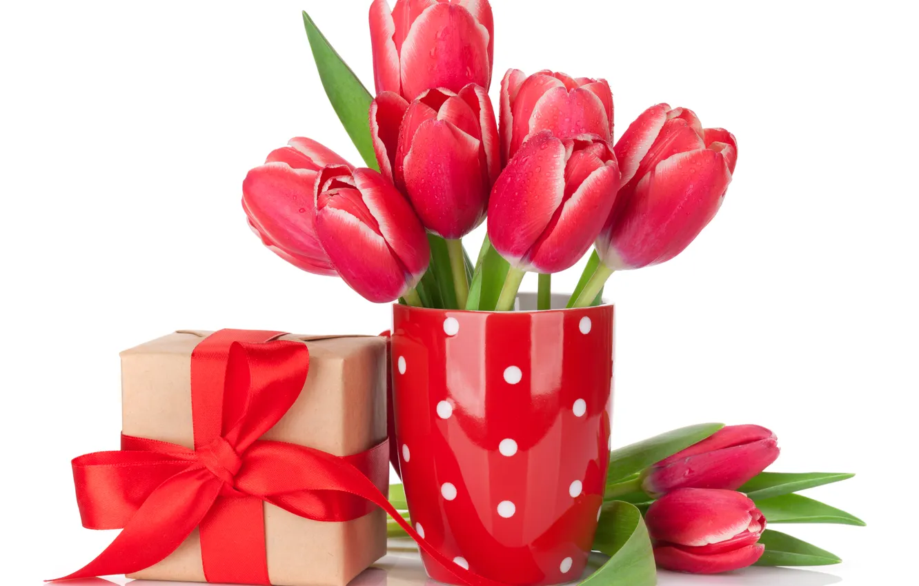 Photo wallpaper flowers, red, gift, bouquet, tulips, red, flowers, romantic