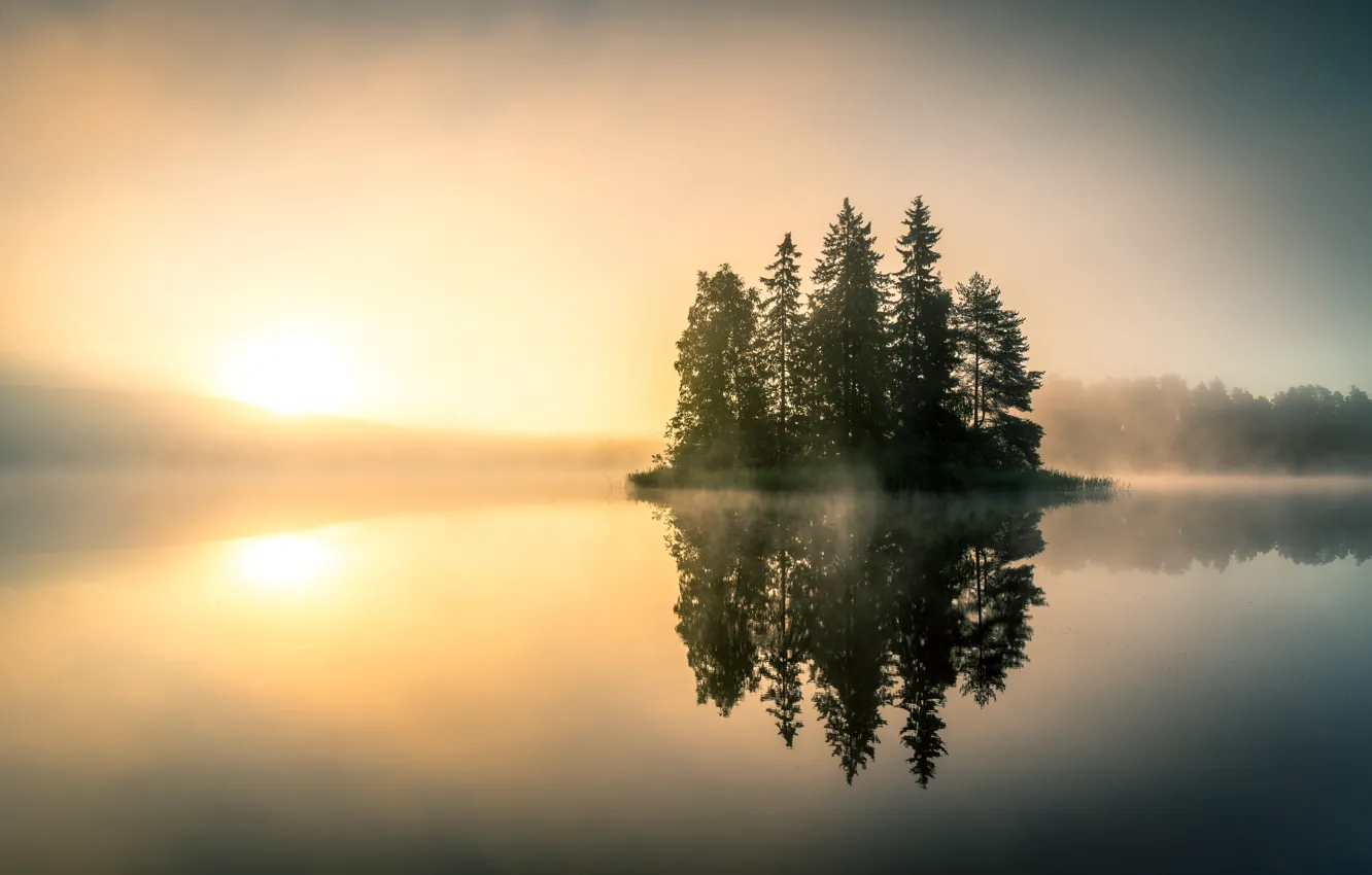 Photo wallpaper nature, fog, lake, morning
