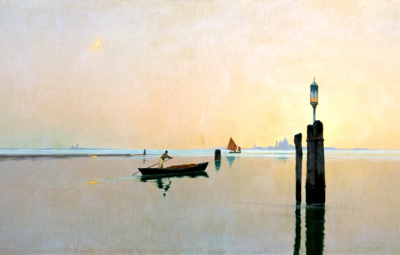 Photo wallpaper the sky, water, boat, picture, a month, lights, space, sail