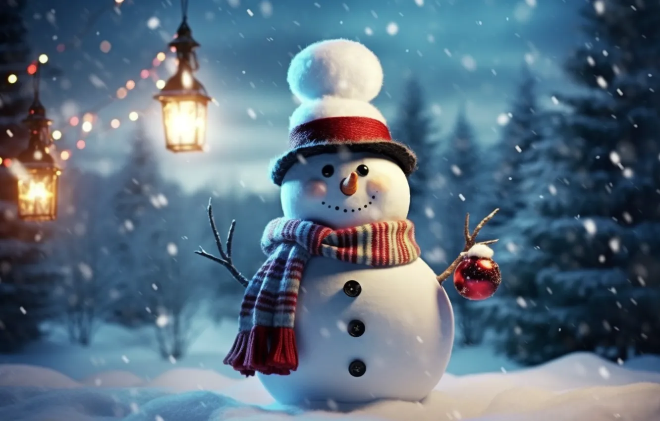 Photo wallpaper winter, snow, new year, Christmas, snowman, Christmas, night, winter