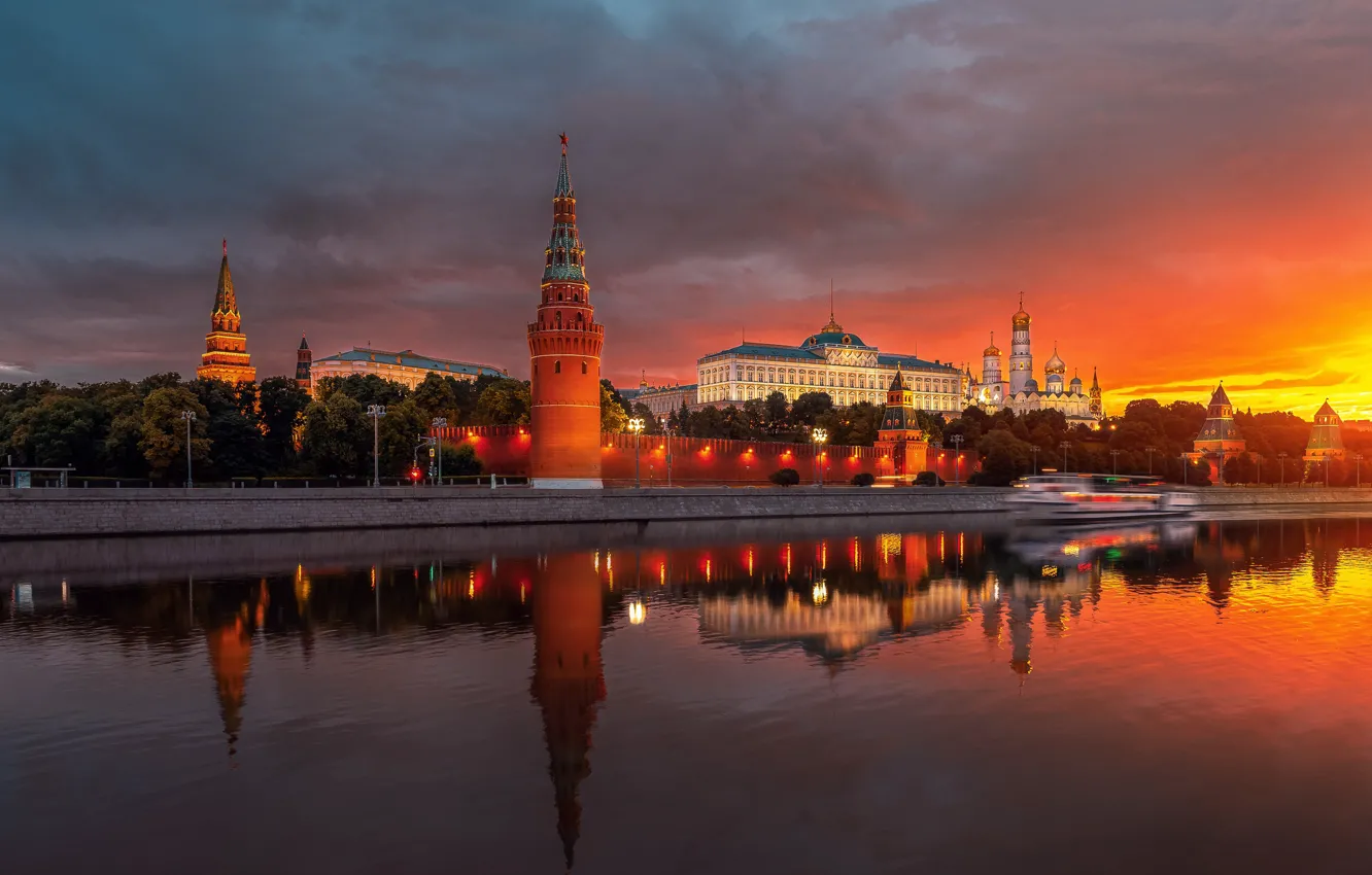 Photo wallpaper the city, river, building, the evening, lighting, Moscow, tower, temple