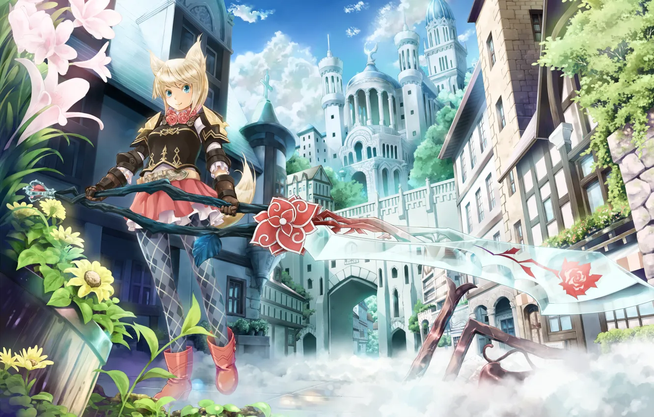 Photo wallpaper girl, flowers, the city, fog, weapons, castle, smoke, sword