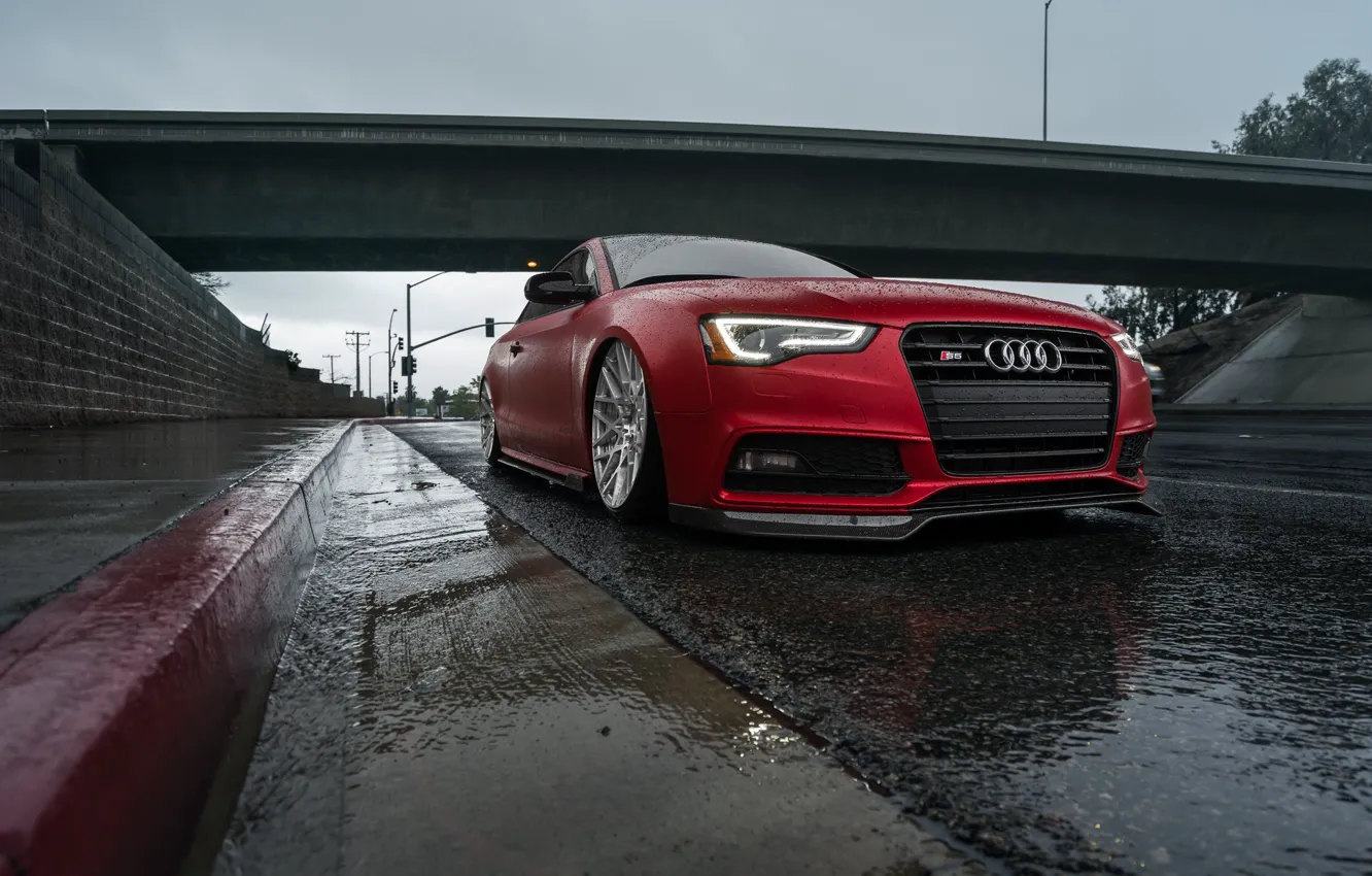 Photo wallpaper Audi, red, road, rain, Front, stance, Audi S5