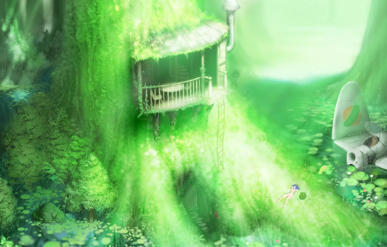 Photo wallpaper girl, light, nature, table, home, art, chair, ladder