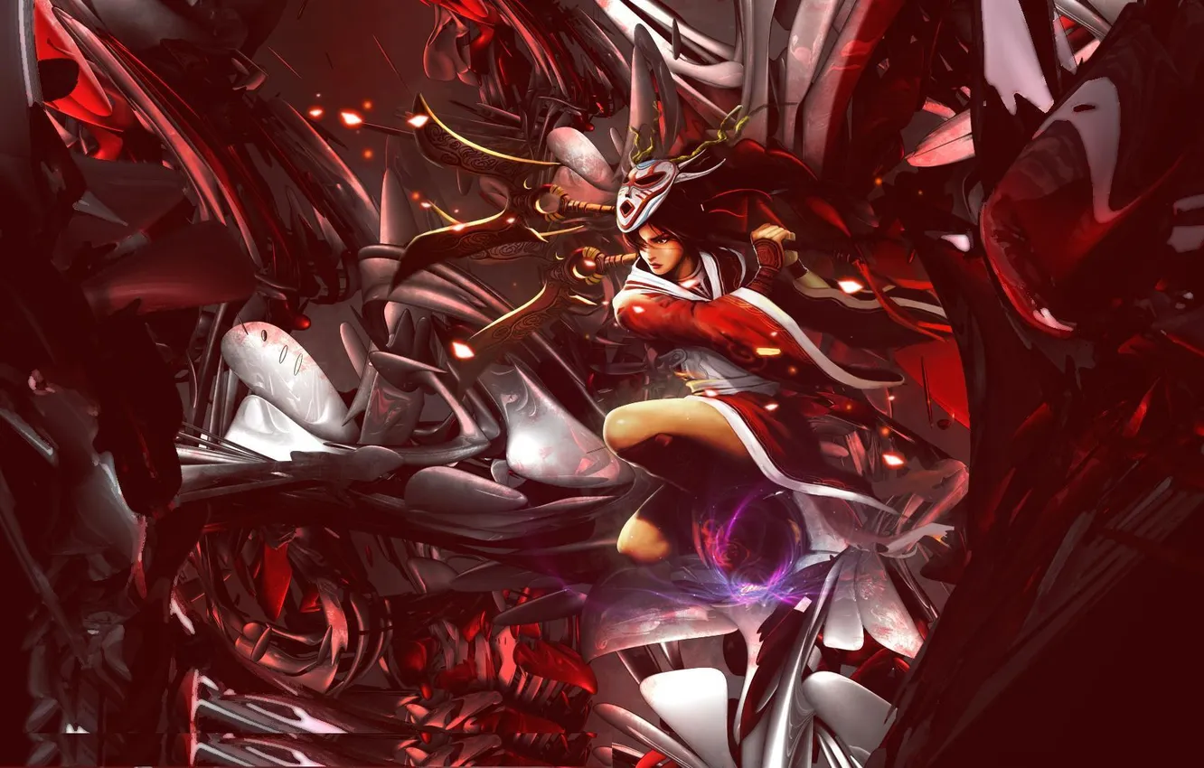 Photo wallpaper girl, magic, mask, battle, Akali, League of Legends, Blood Moon