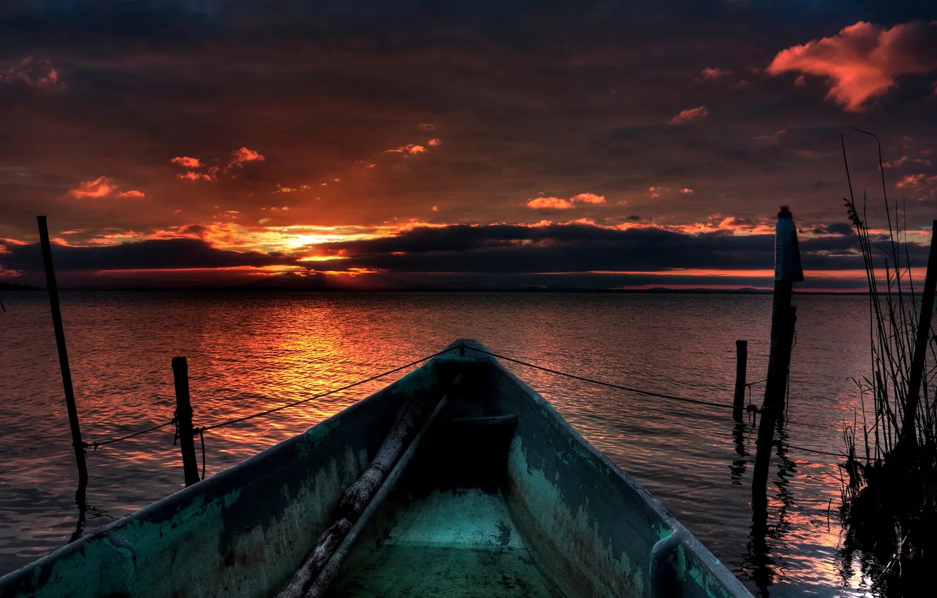 Photo wallpaper sea, the sky, water, sunset, boat