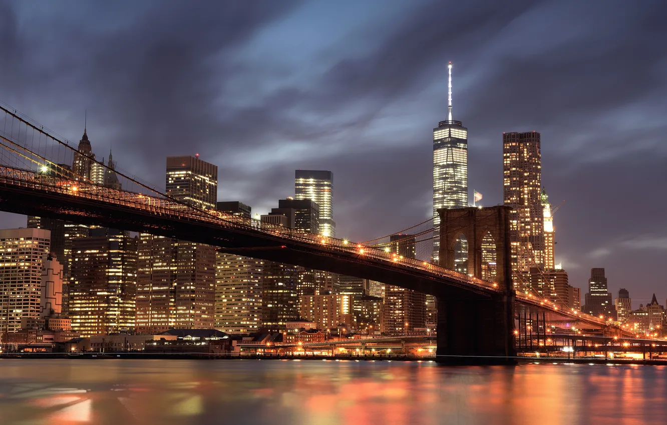 Photo wallpaper night, bridge, lights, coast, home, New York, skyscrapers, Bay