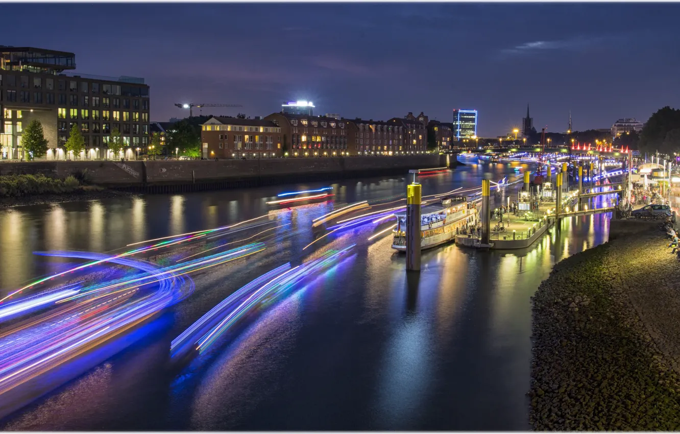 Photo wallpaper night, lights, river, Germany, skyline, Germany, Bremen, The District Of Mitte