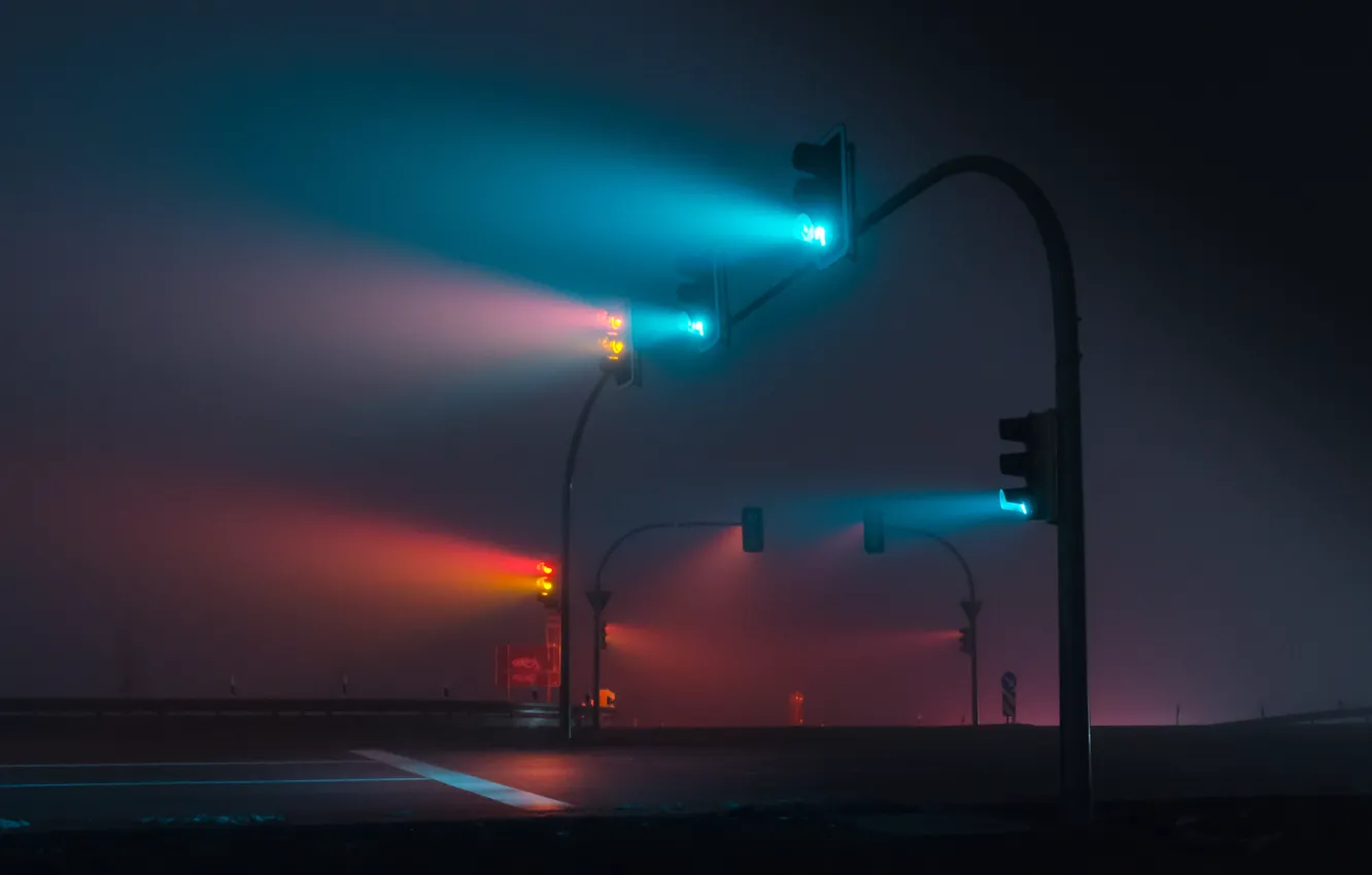 Photo wallpaper city, green, light, red, yellow, night, fog, traffic lights