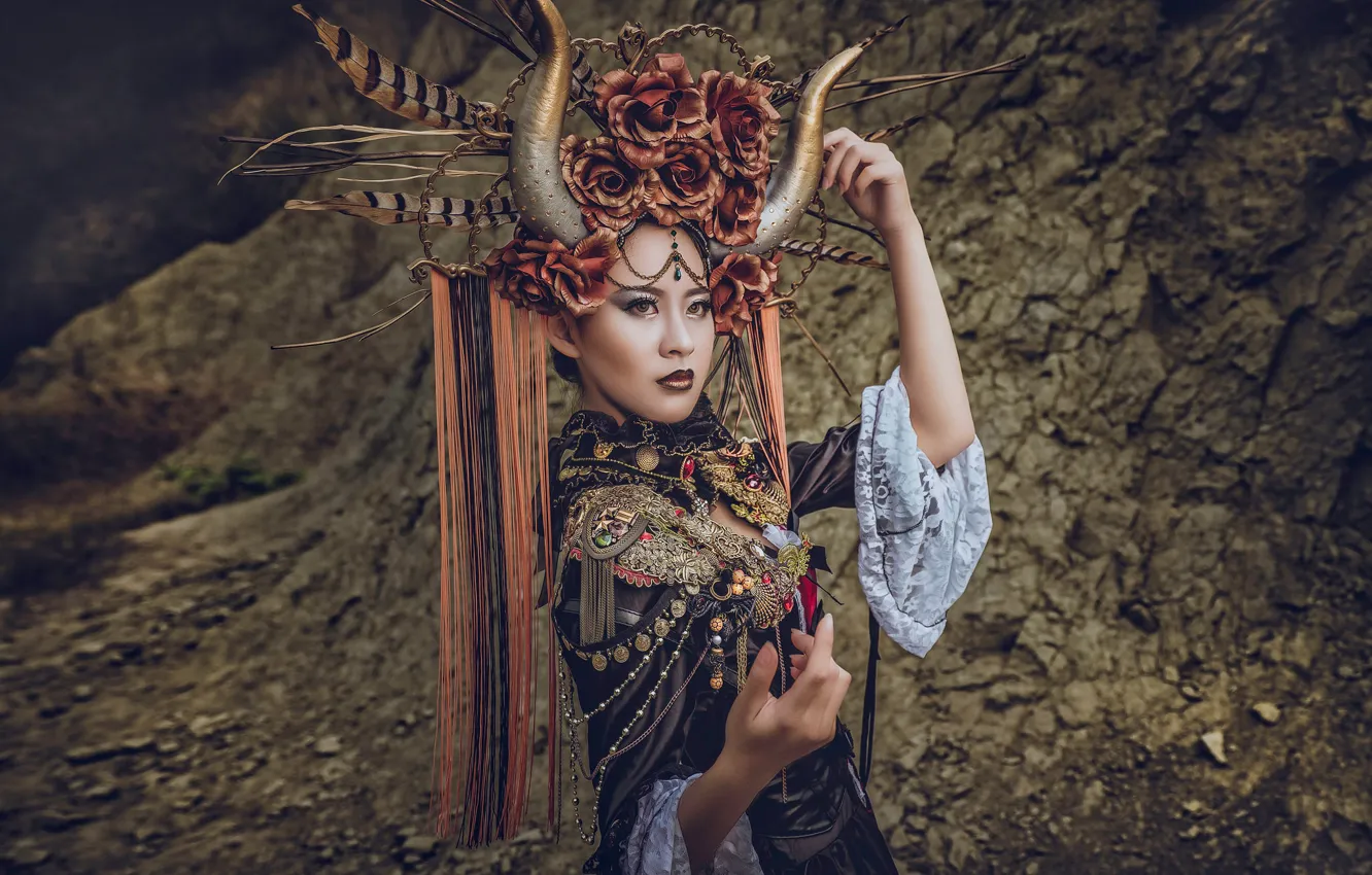 Photo wallpaper girl, decoration, pose, style, hands, outfit, horns, Asian