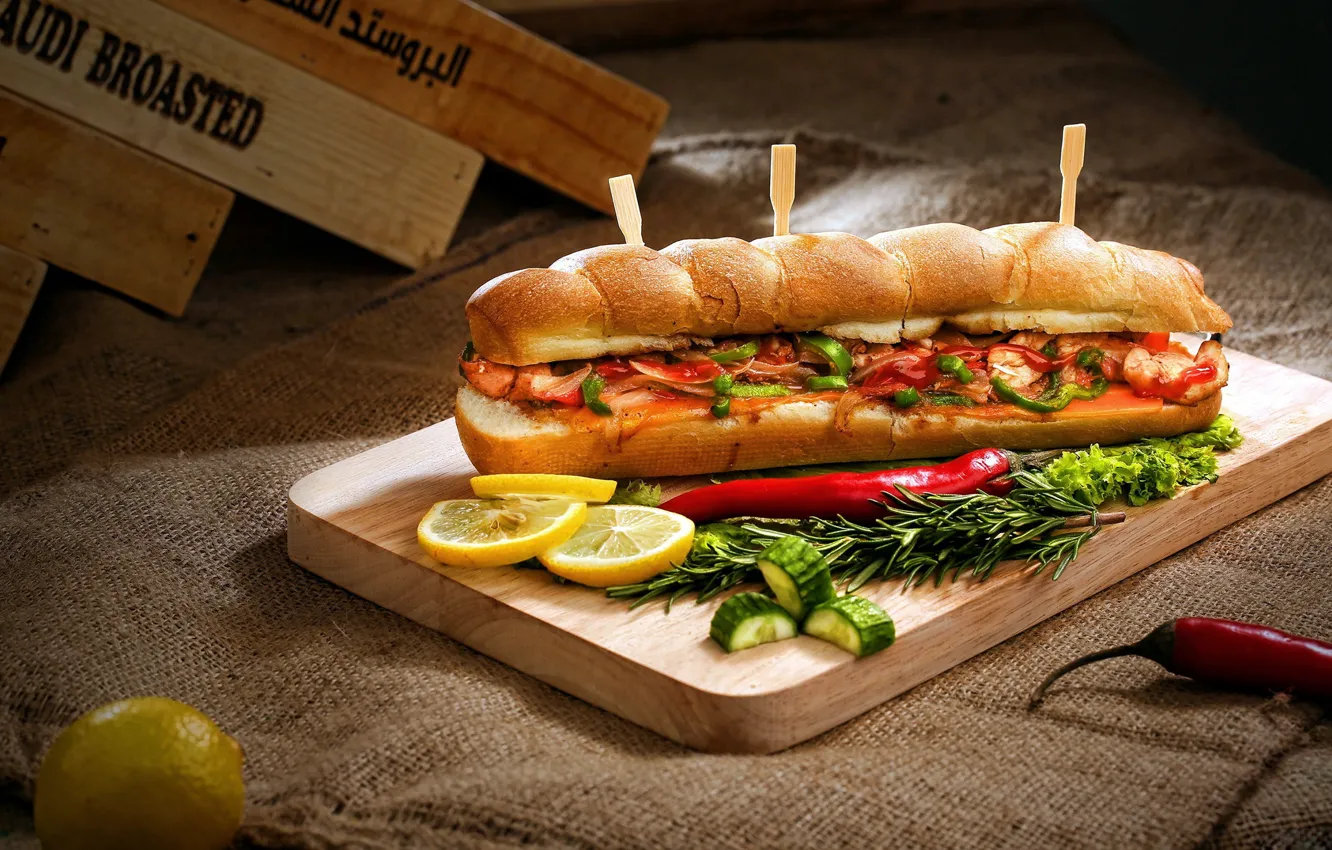 Photo wallpaper greens, lemon, Board, sausage, pepper, vegetables, hot dog, buns