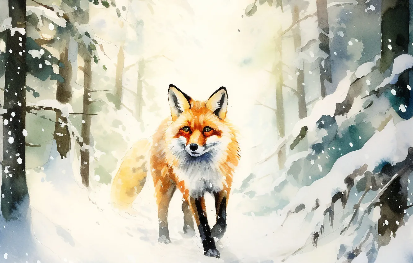 Photo wallpaper winter, snow, trees, art, Fox, digital art, imitation painting, AI art