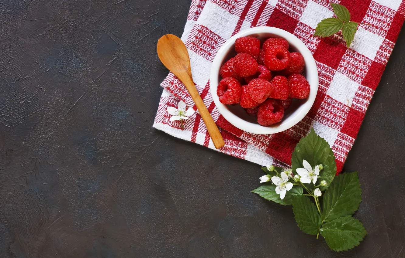 Photo wallpaper flowers, berries, raspberry, spoon