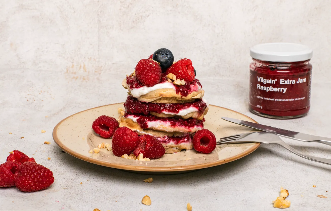 Photo wallpaper berries, raspberry, background, plate, knife, Bank, stack, plug