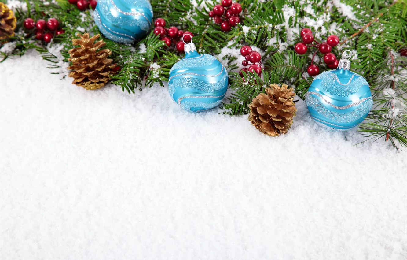 Photo wallpaper snow, decoration, balls, new year, Christmas, Christmas, balls, decoration