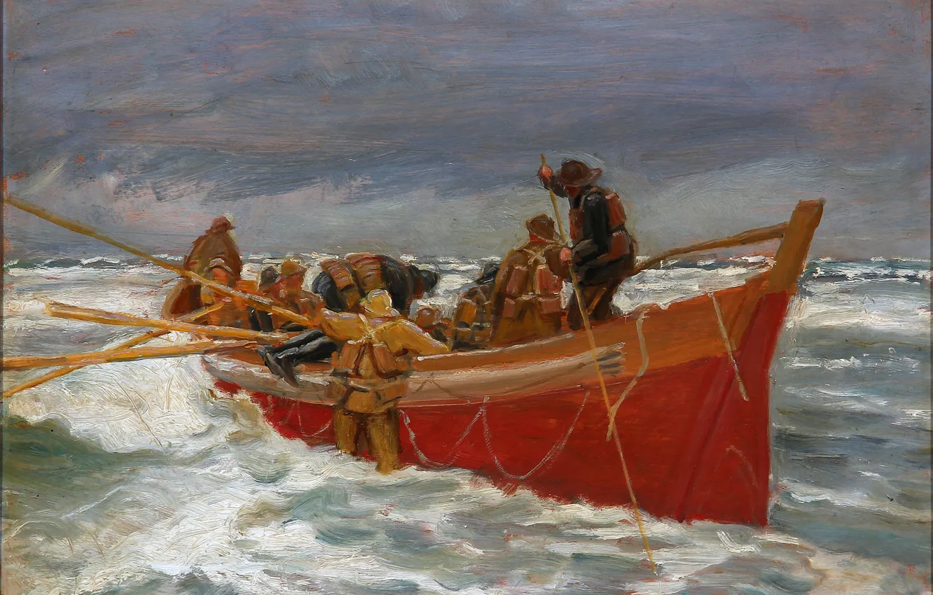Photo wallpaper sea, the sky, storm, boat, picture, fishermen, Michael Ancher