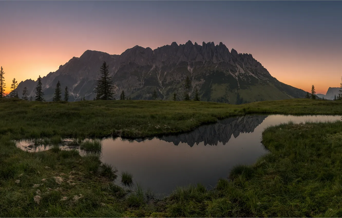Photo wallpaper grass, mountains, lake, reflection, tops, panorama, pond